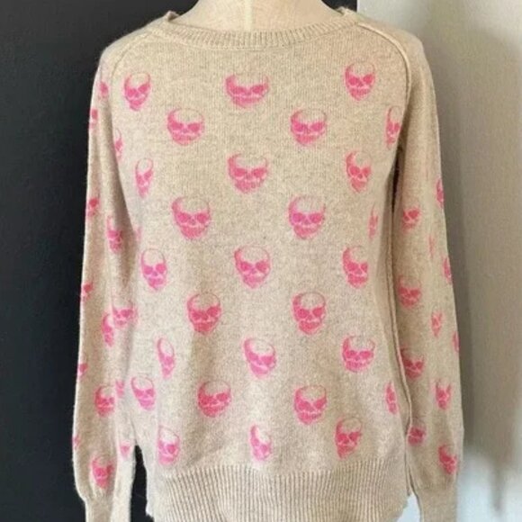 Vintage GRAY Saks Fifth Avenue Pink Skull Woo/Angora Blend Sweater - Picture 1 of 9